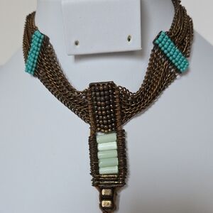 N-018-Bohemian Choker-Style Bronze and Turquoise Necklace w Lariat